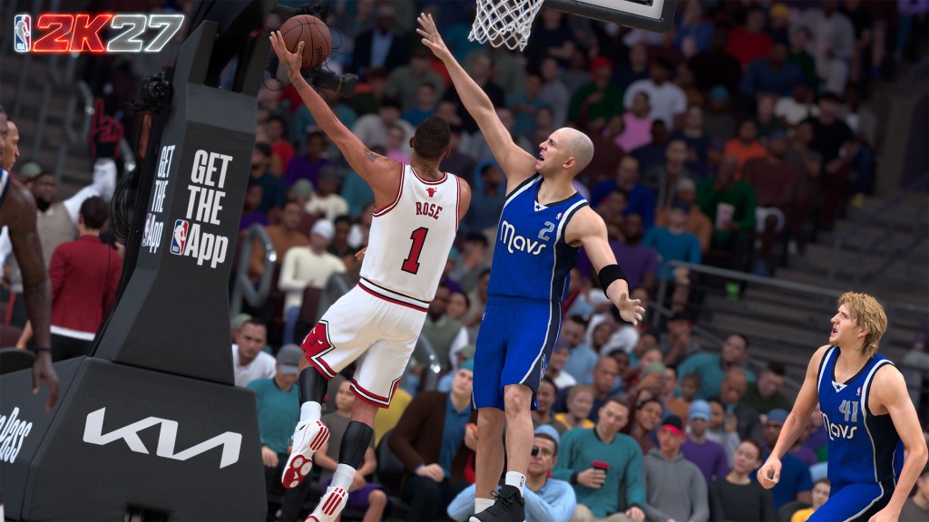 Giocatore di basket con la maglia numero 1 che esegue un layup mentre un avversario tenta di difendere.