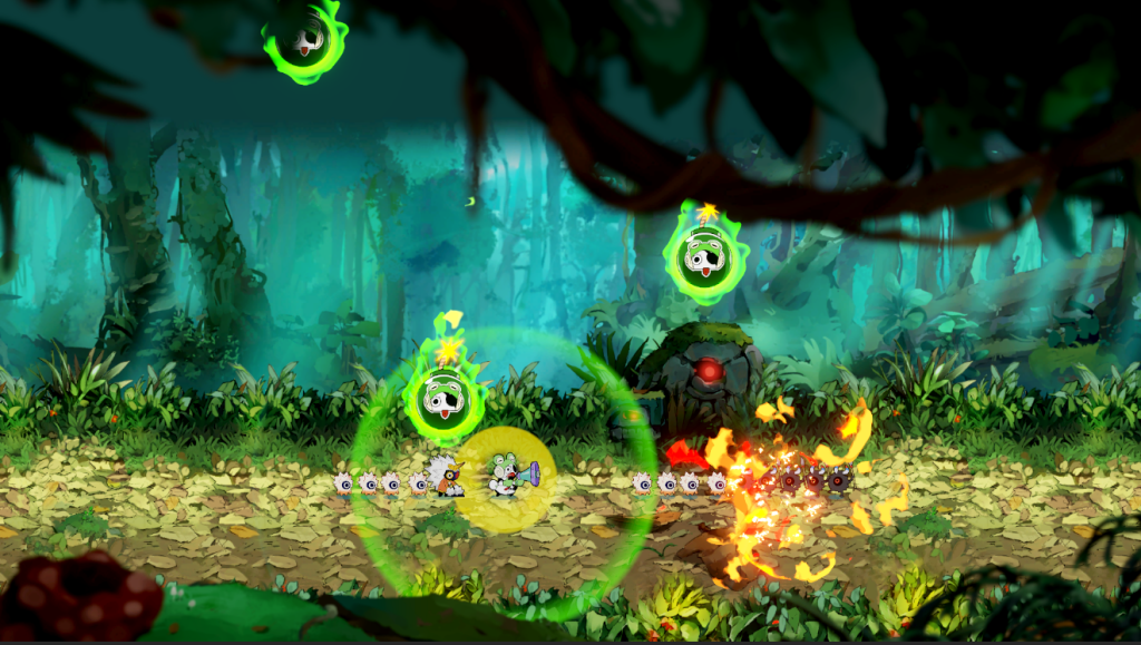 Un personaggio di un videogioco che interagisce con nemici, nel mezzo di una foresta lussureggiante piena di elementi magici e decorazioni colorate.