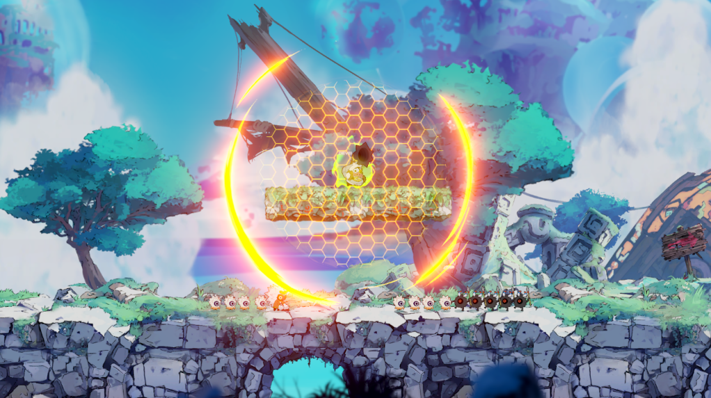 Un personaggio di un videogioco che salta su una piattaforma circondata da un'energia luminescente, con un paesaggio fantastico sullo sfondo.