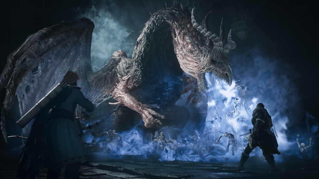 Un drago gigantesco con ali spiegate e un aspetto minaccioso affronta due guerrieri in un ambiente oscuro e mistico, circondato da scheletri e un'atmosfera inquietante.