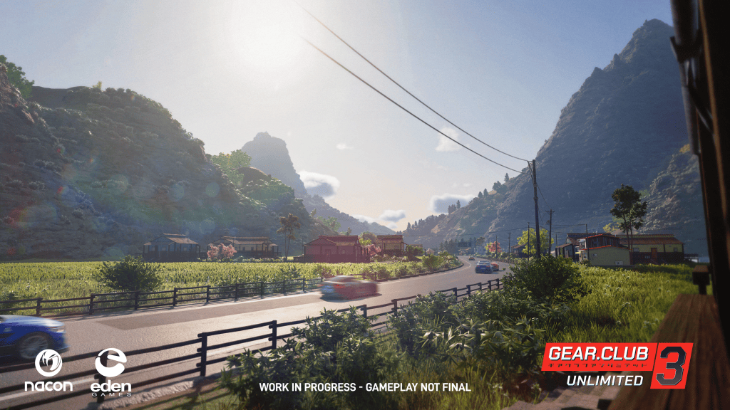 Vista panoramica di un paesaggio montano con una strada, case e vegetazione lussureggiante, in un gioco di simulazione automobilistica.