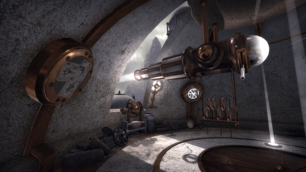 Interno di una stanza steampunk con macchinari complessi, tubi di rame e strumenti vari, illuminato da un raggio di luce.