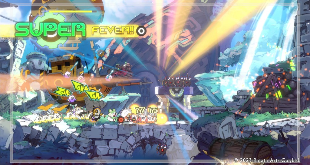 Un gioco dinamico con effetti visivi colorati, che mostra un punteggio, la scritta 'SUPER FEVER!!' e azioni di gioco su uno sfondo fantastico.